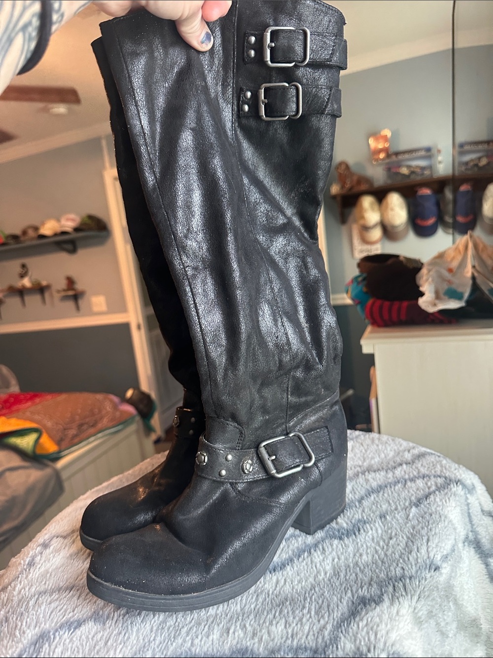 Carlos Santana Black Over-the-Knee Buckle Boots